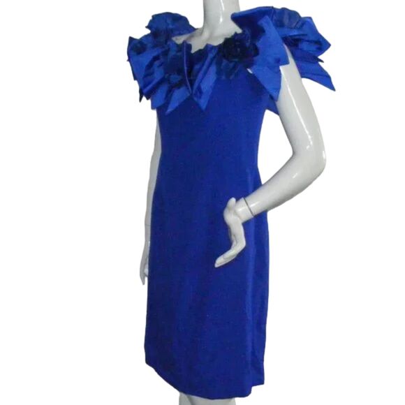 VICTOR COSTA/Lord & Taylor Dress, Vintage 12, Statement shoulders, Blue, Flowers - Picture 4 of 14